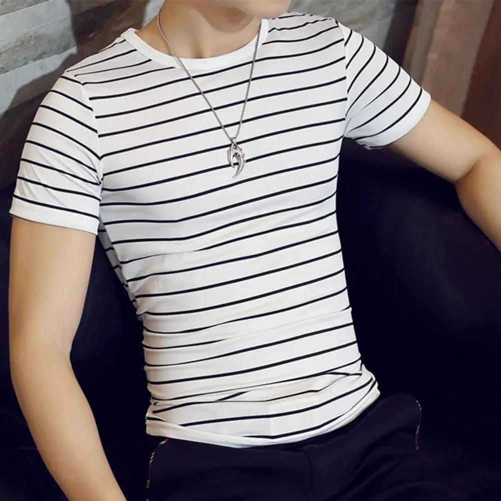 

Men T-shirt Contrast Color O Neck Short Sleeve Stripe Print Formal Summer Base Top Male Clothes