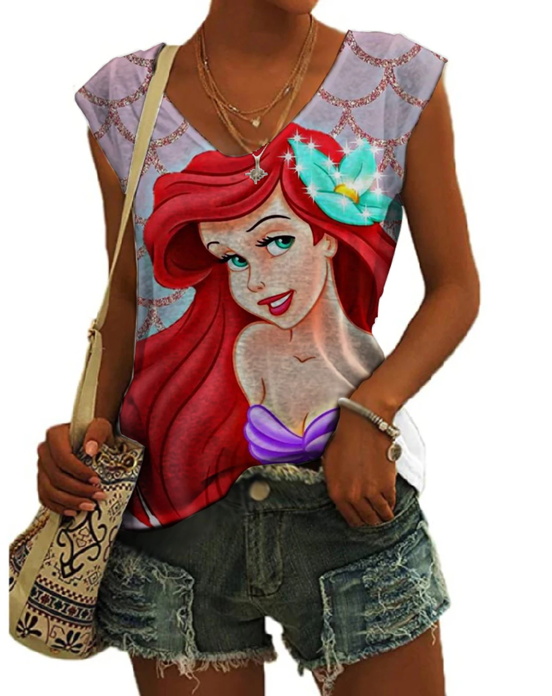 

2023 Summer New Street Sleeveless V-neck Vest Ariel Mermaid Anime Disney Print Fashion Versatile Casual Women's Slim Top Y2K