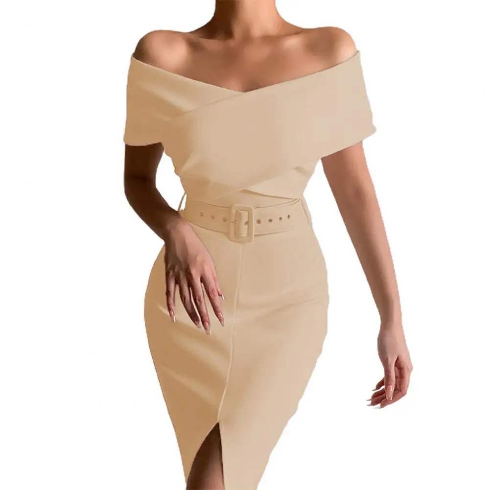 

Женское платье без бретелек с открытыми плечами и поясом, однотонное облегающее вечернее платье с разрезом на подоле, Элегантное летнее пла...