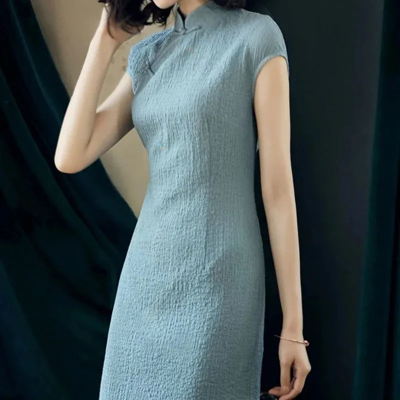 Фото 2023, традиционное китайское платье Cheongsam для женщин и девочек, хлопковое льняное платье в стиле ретро, облегающее сексуальное короткое винтажное платье qipao khj №1