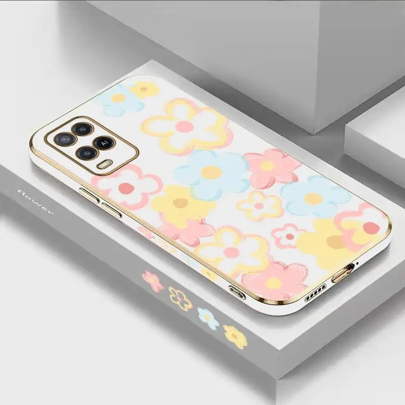 

Doodle Flower Luxury Plating Phone Case For Oppo A15 A15S A16 A16K A76 A77 A78 A53 A54 A55 A92 A94 A95 A83 F19 Cover