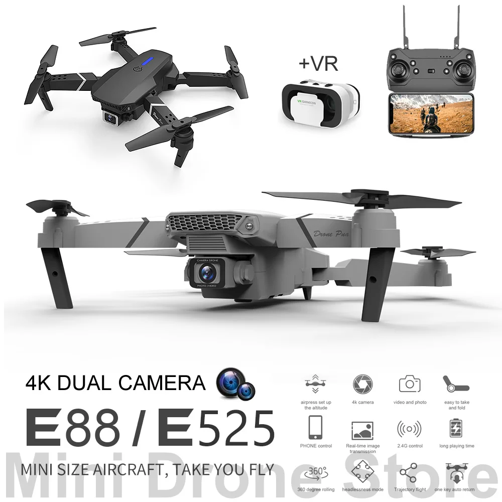 E88/E525 Wholesa Folding Quadcopter With Dual Camera Mini Drone 4K Professional Aerial Photography VR FPV UAV RC Helicopters Toy