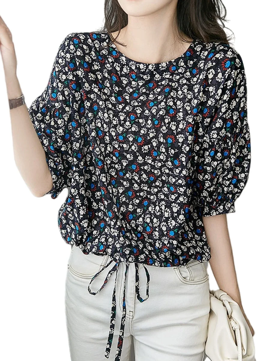 

5XL Women Spring Summer Blouses Shirts Lady Fashion Casual Half Sleeve O-Neck Collar Flower Printing Blusas Tops G2013