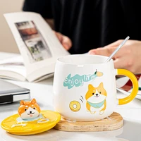 creative cartoon ceramic personality cute mug with lid spoon household cartoon couple coffee cup 3d dog tumbler gift drink