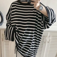 black and white striped oversized t shirt long sleeved clothes women 2022 autumn new loose lazy wind all match top korea
