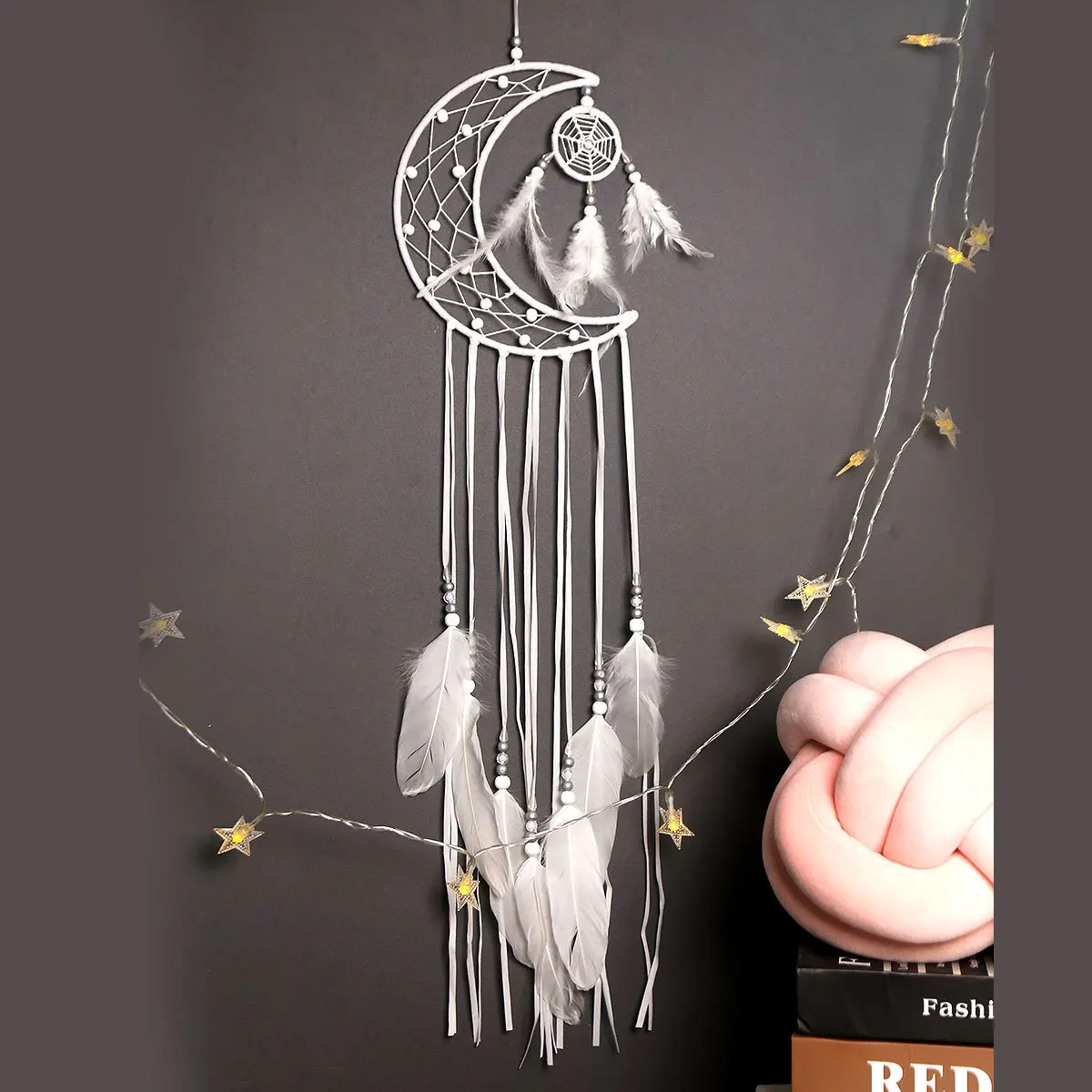 

Indian Feather Dreamcatcher Moon Star Wall Hanging DIY Room Decor Handmade Aesthetic Retro Dream Catcher Wind Chime Ornament