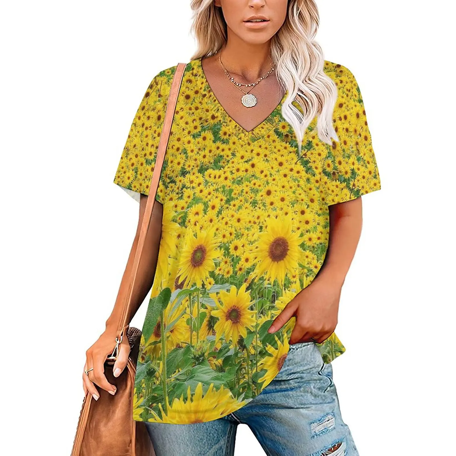 

V Neck Short-sleeve Women Shirt Printed Field of Sunflowers 3D Women Print T-shirt