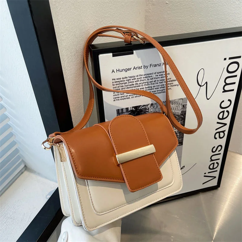 

Retro splicing fashion ladies handbag new popular diagonal bag style contrast color square shoulder bag texture ladies organ bag