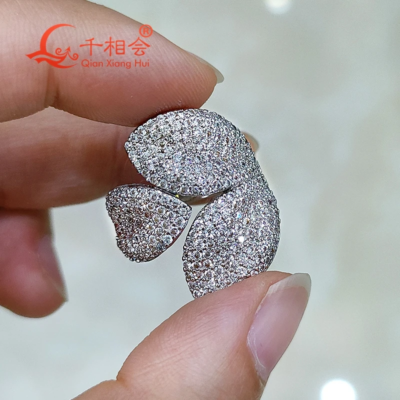 21*23.7mm Three big leaves Sterling 925 Silver hip hop round Moissanite Ring Men women Diamonds Male fine Jewelry
