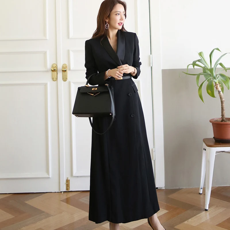 

Женское винтажное офисное платье с лацканами, Черное длинное платье в офисном стиле, новинка весны 2023, Z384