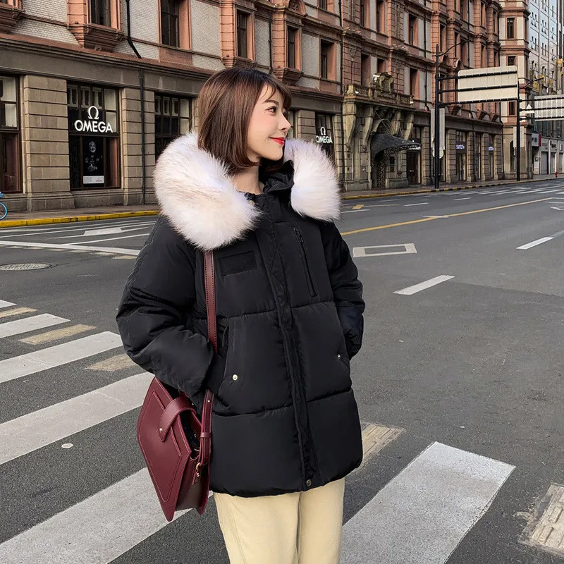 Women Hooded Black White Casual Outwear 2021 New Winter Down Cotton-padded Jackets Korean Style Short Loose Thicken Warm Coats