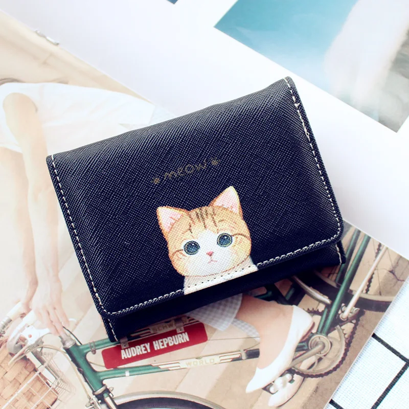 

Cartoon Cat Print Wallet Kawaii Women Short Mini Purses Tri-fold Cute Student Small Hasp Wallet PU Leather ID Credit Card Holder