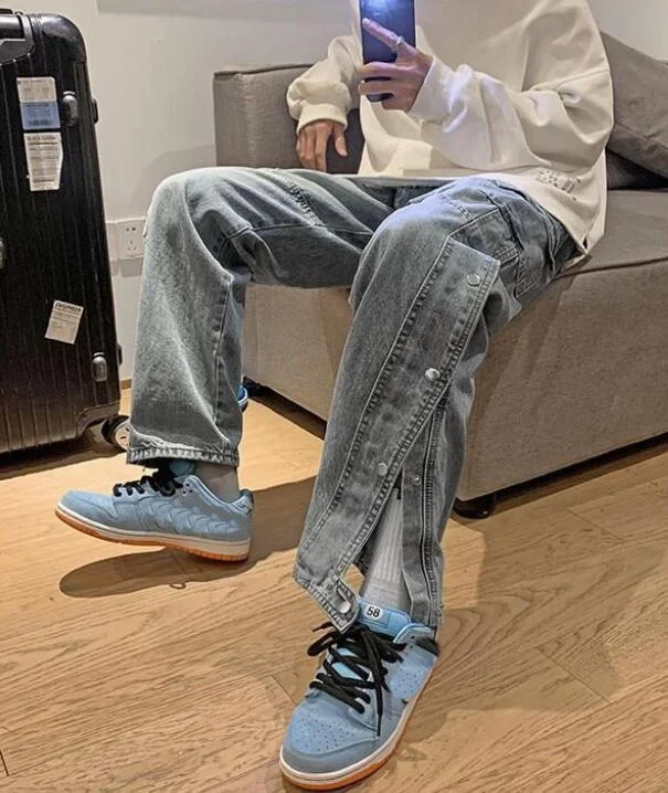 Jeans Men Breasted Trousers Split Jeans Men's Loose Straight High Street Retro Distressed Man Denim Pants