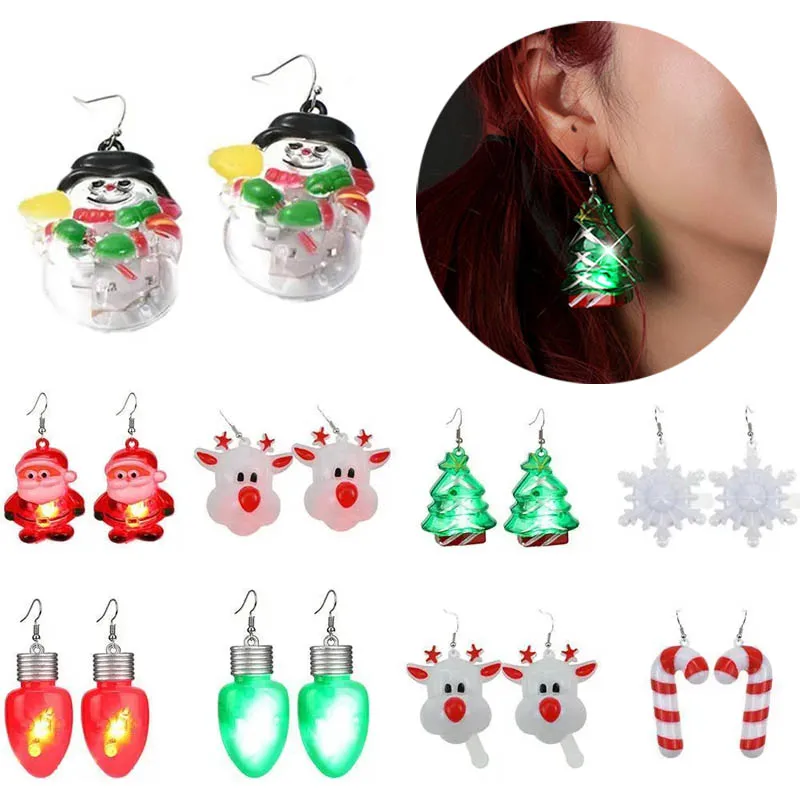 

1Pair LED grow Earrings Lights Luminous Christmas Tree Deer Snowman Snowflake Plastic Earrings for girl XMAS Glow Party Supplies
