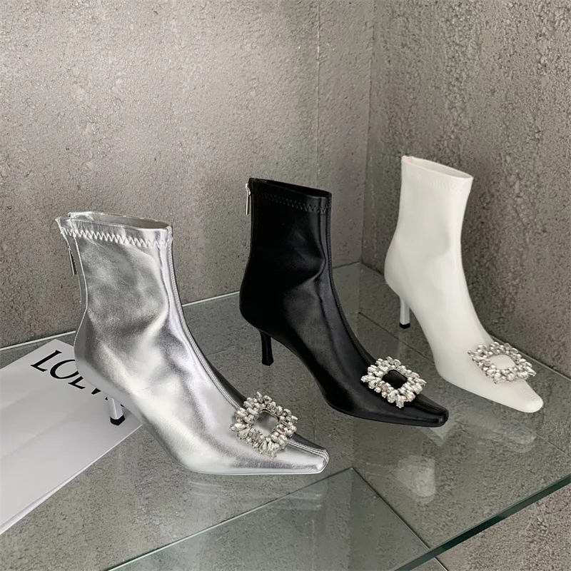 Fashion Women Ankle Boots Autumn Winter Stretch Shoes Rhinestone Crystal Buckle Thin Mid Heels Side Zipper High  Silver