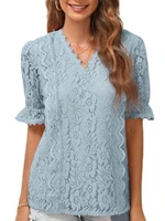 womens short sleeve solid v neck hollow lace knit tops for summer