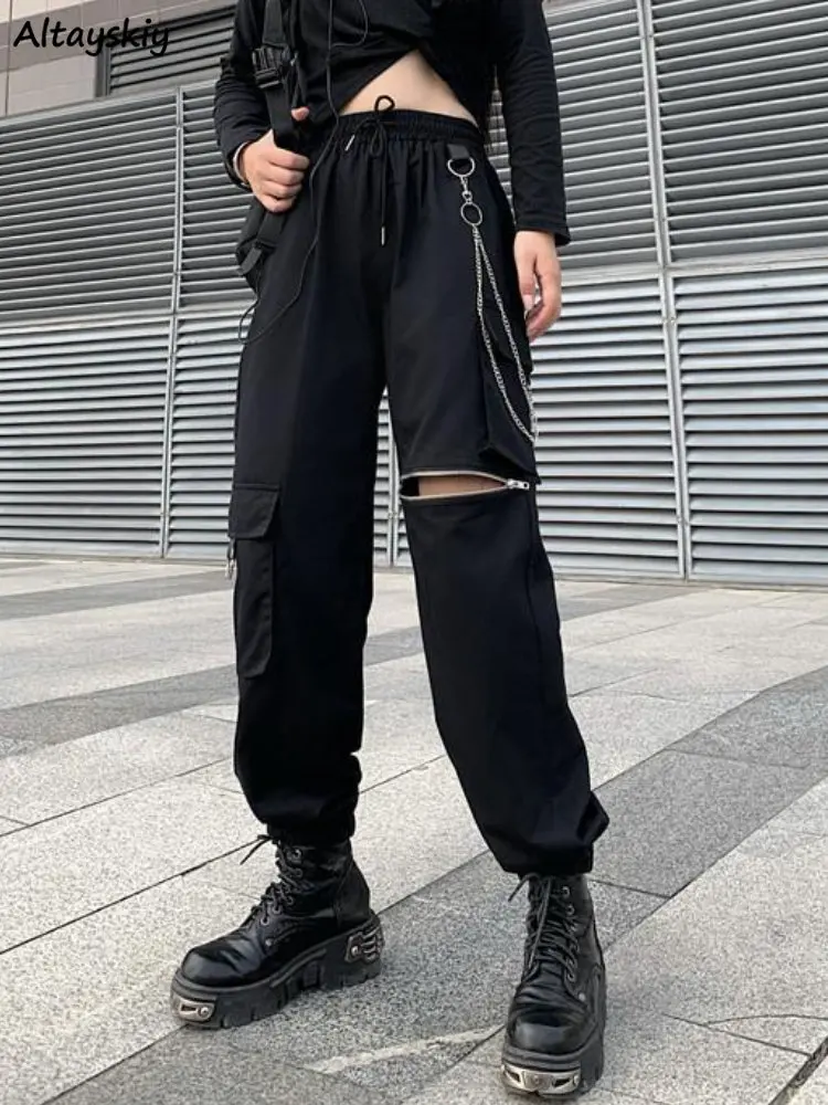 

Брюки-карго женские на цепочке, уличная одежда унисекс, повседневные студенческие Модные свободные брюки до щиколотки с завышенной талией в Корейском стиле, весна