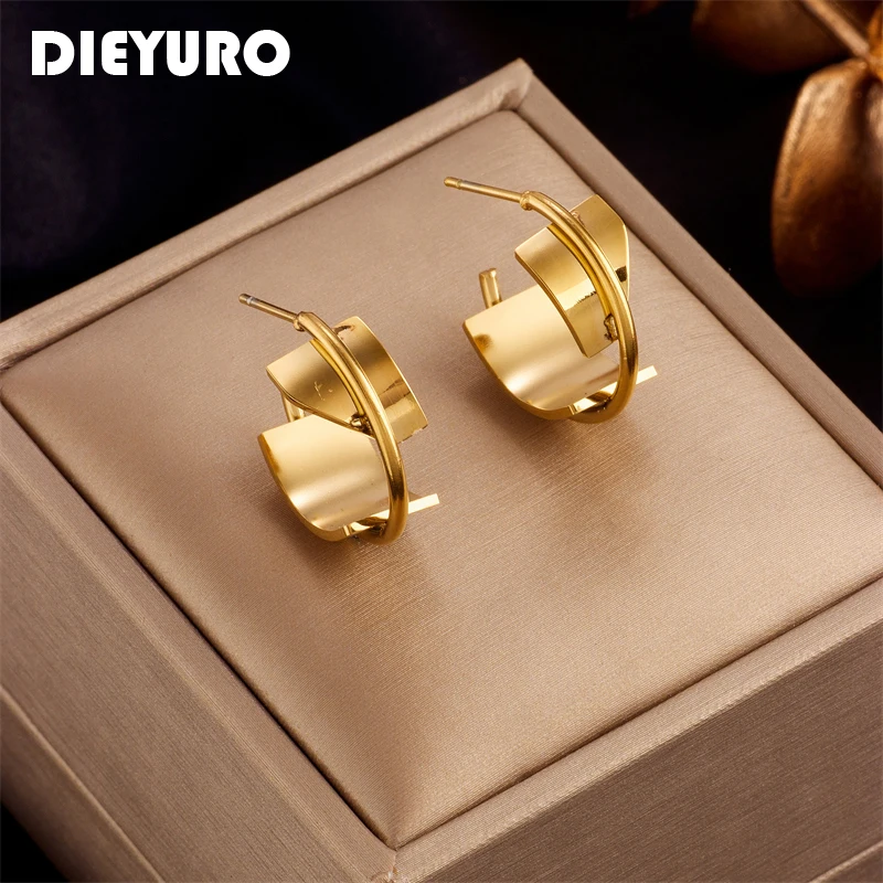 

DIEYURO 316L Stainless Steel 3-Color Geometric Earrings For Women Fashion Girls C-Shape Ear Jewelry Party Wedding Gifts Bijoux