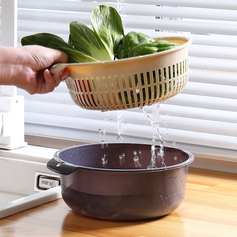 

Double plastic washing basket kitchen draining vegetable basket household round fruit basket vegetable basket washing basin