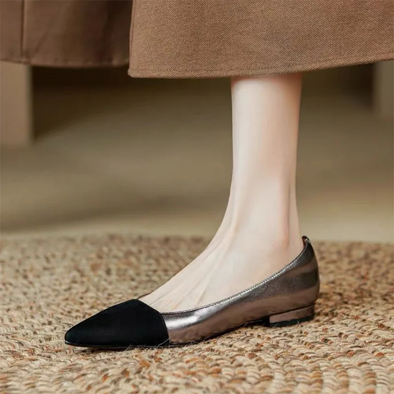 Ladies Dress Shoes Women's Flats Black Toe Boat Shoes Pointed Toe Slip on Flat Shoes for Female Sliver Shallow