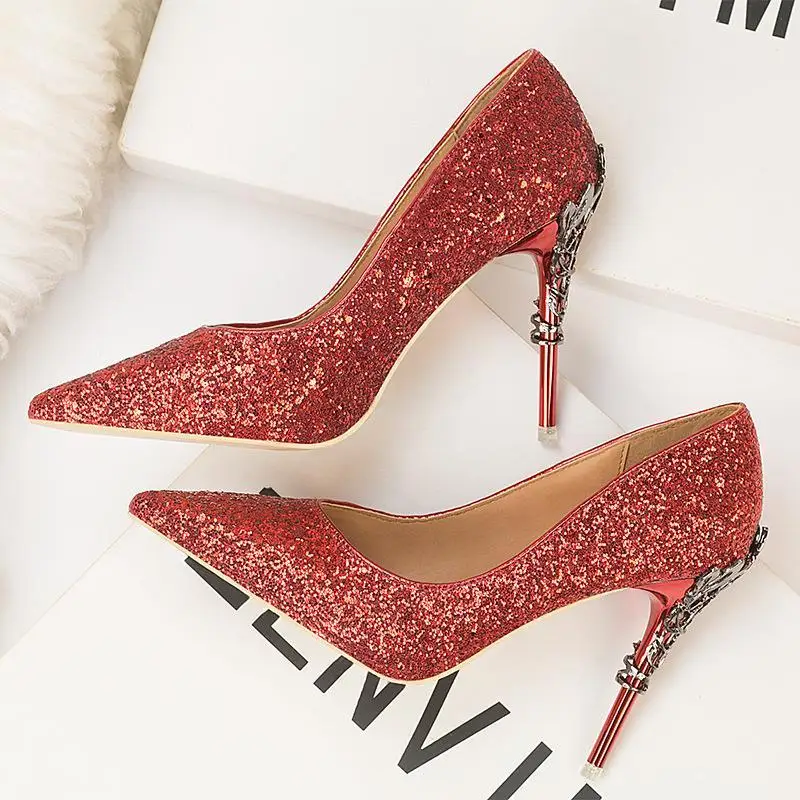 2023 Designer Metal Heel 10cm High Heels Nightclub Women Shoes Stiletto Shallow Pointy Sequined Ladies Shoes Zapatos De Mujer