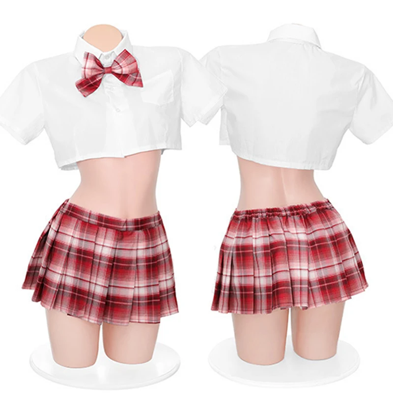 

Backless Japanese Women Schoolgirl JK Uniform Lace Bow Perspective Student Cosplay Costumes Sexy Tempatation Plaid Pleated Skirt