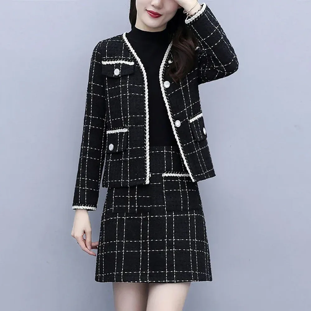 

Wool Blends Jackets Skirt Sets Women Autumn Winter Black Vintage V-Neck Plaid Loose Tweed Coat M-5XL Elegant OL Two Piece Suit