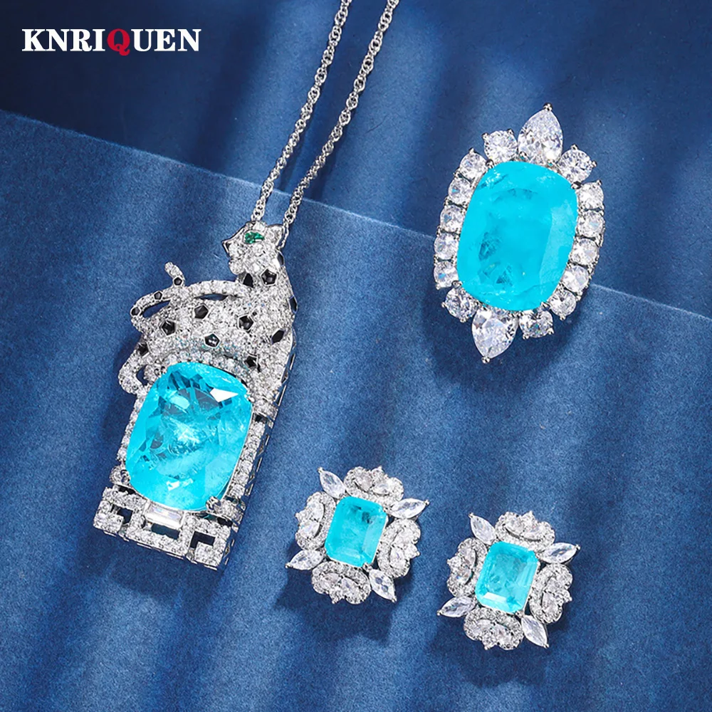 

Luxury 15*20mm Paraiba Tourmaline Necklace Pendant Ring Earrings Lab Diamond Wedding Party Women's Jewelry Set Anniversary Gift