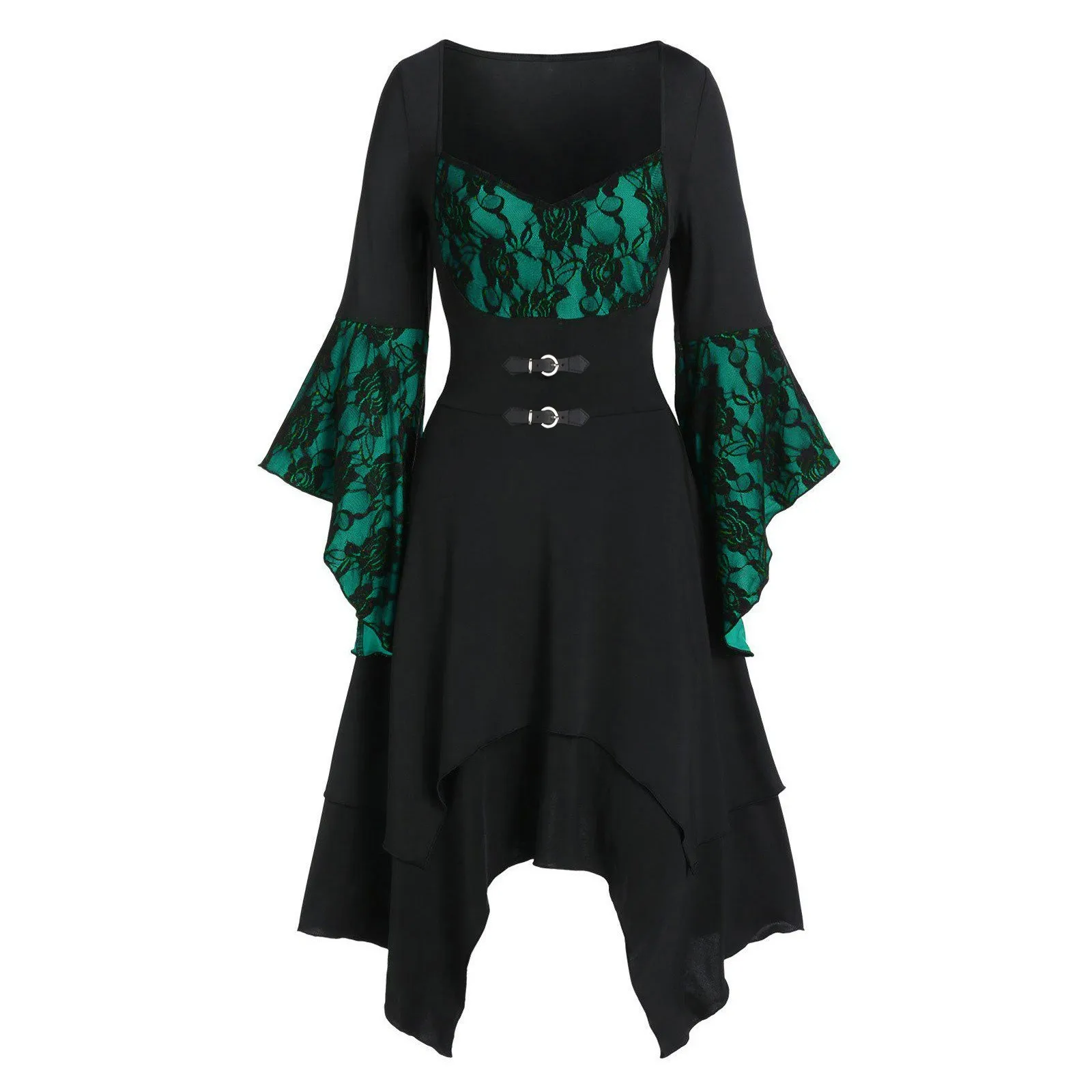 

Women Dress Grunge Gothic Lace Trim High WaistIrregular Hem E-girl Vintage Punk Mini Dress New Harajuku Lolita Party Dress