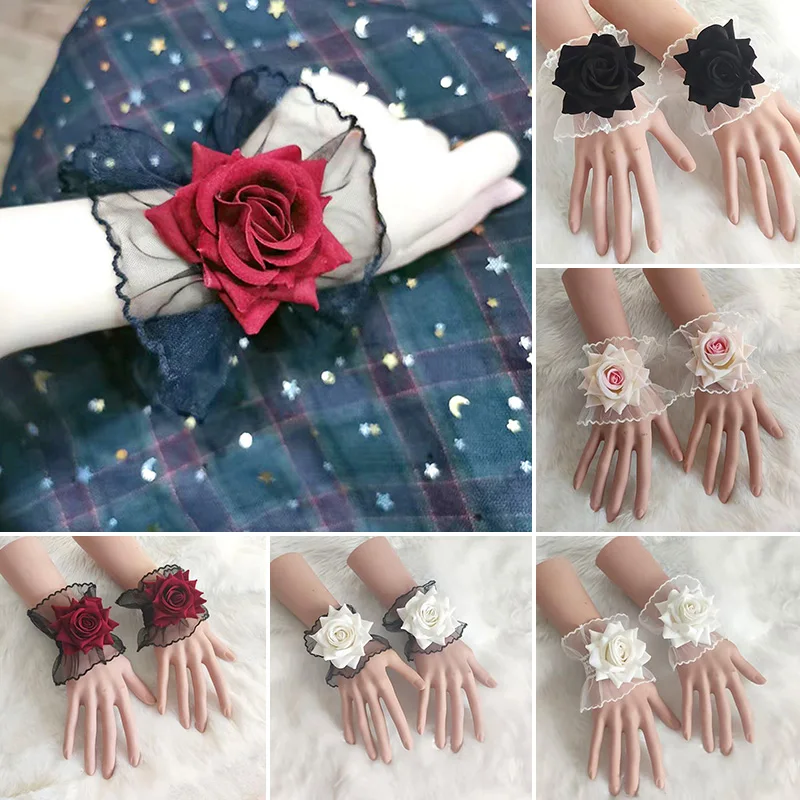 

New Gothic Lolita Wrist Cuffs Sweet Satin Bow Ruffles Floral Lace Tulle Bracelet Wristband Japanese Maid Cosplay Hand Sleeve