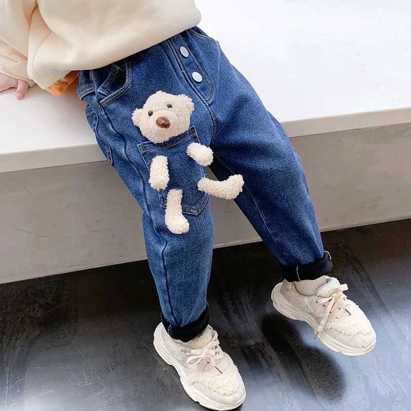 

Winter Velvet Slim Jeans for Gril Elastic Waist Thick Pants Outerwear Clothes Teenagers Full Trousers Denim Pants for Kid Girl