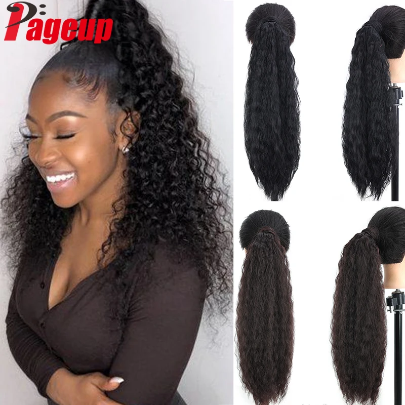 

Pageup Synthetic Ponytail Hair Extensions Long Kinky Curly Wrap on Ponytail Hairpiece Ombre Brown Pony Tail Blonde Fack Hair