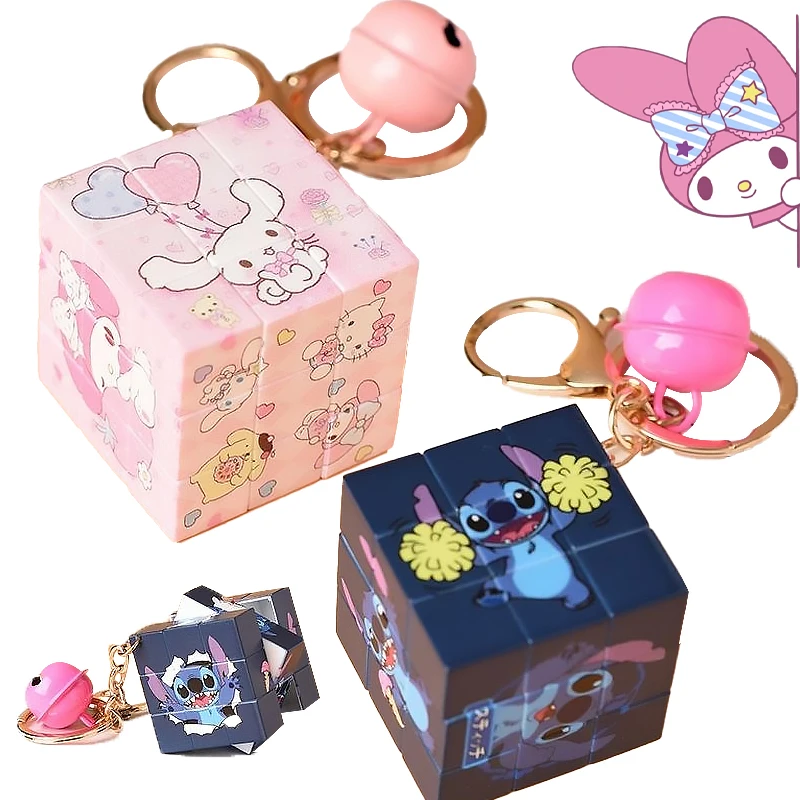 

New Kawaii Sanrioed My Melody Cinnamoroll Magic Cube Keychain 3.5Cm Mini 3X3X3 Cartoon Stitch Key Ring Pendant Kids Toys Gift