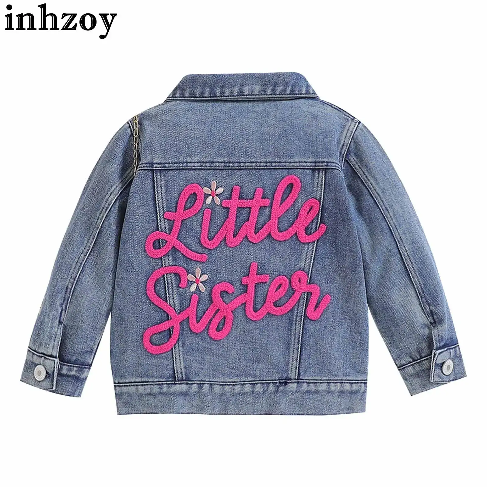 Toddler Baby Kid Girls Denim Jacket Big Lil Sister/Brother Letter Embroidery Jean Jackets Long Sleeve Button Birthday Gift Coats