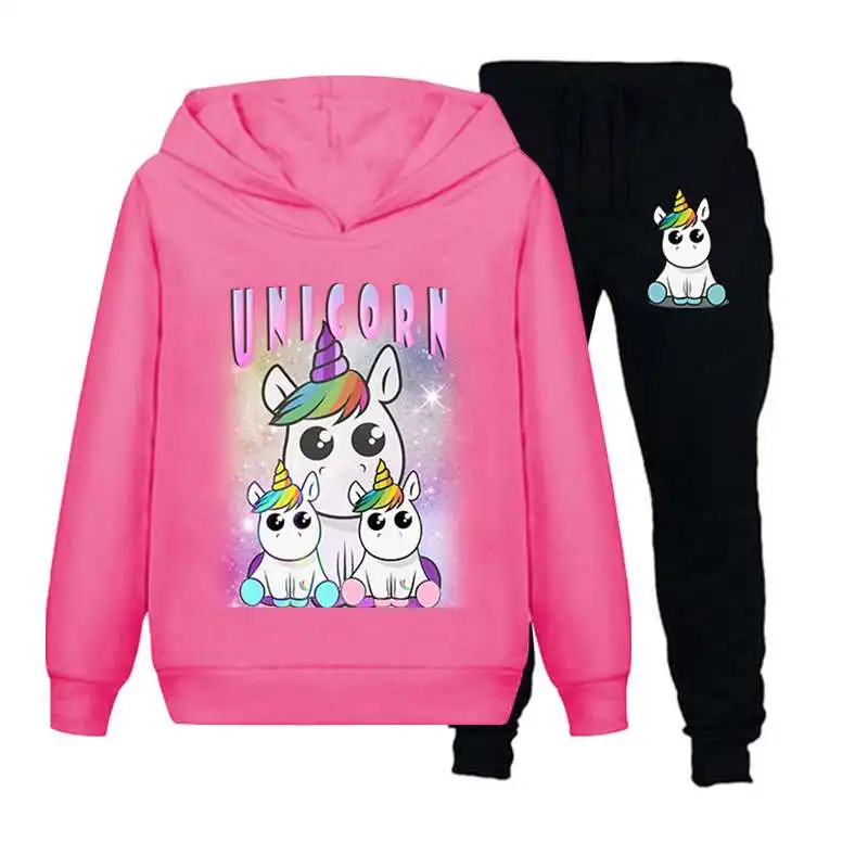 

2022 Unicorn children cartoon suit animation long sleeve round neck Hoodie pullover with trousers children's 4-14 year old suit