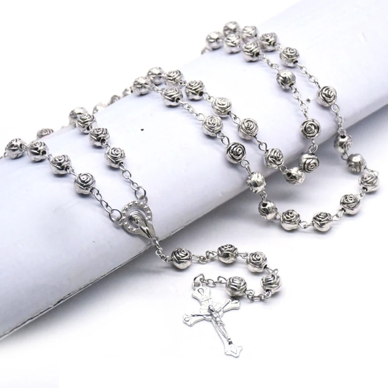 

Mary Blessing Cross Pendant Necklaces Rose Shaped Beads Long Chain Jewelry
