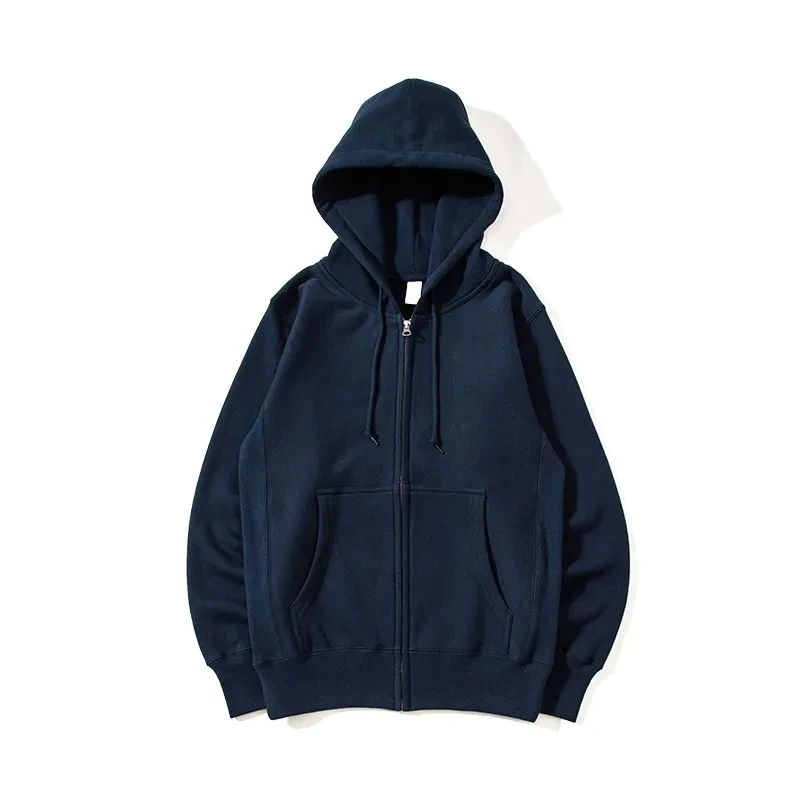 

460g Heavyweight Terry Cloth Zip Hoodie Sweatshirt Men's Cotton Solid Thin Fleece Sportwear Drawstring Pocket Hood Coat Outwear