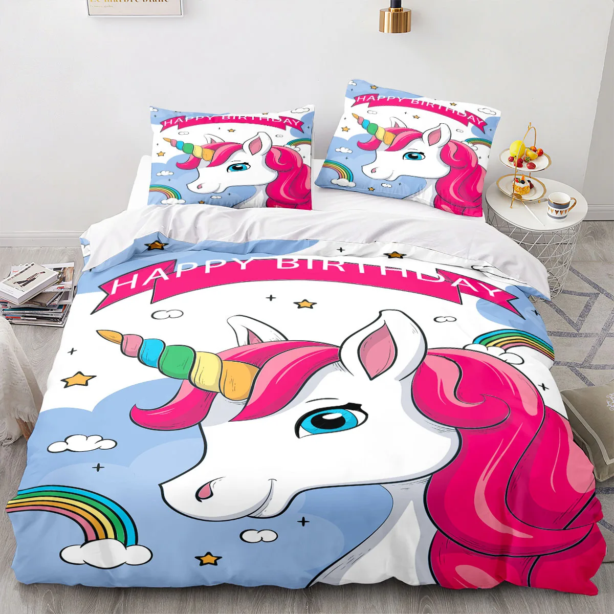 Unicorn Duvet Cover Cartoon Rainbow Colorful Unicorn Cute Bedding Set Romantic Theme for Kids Girls Polyester Comforter Cover