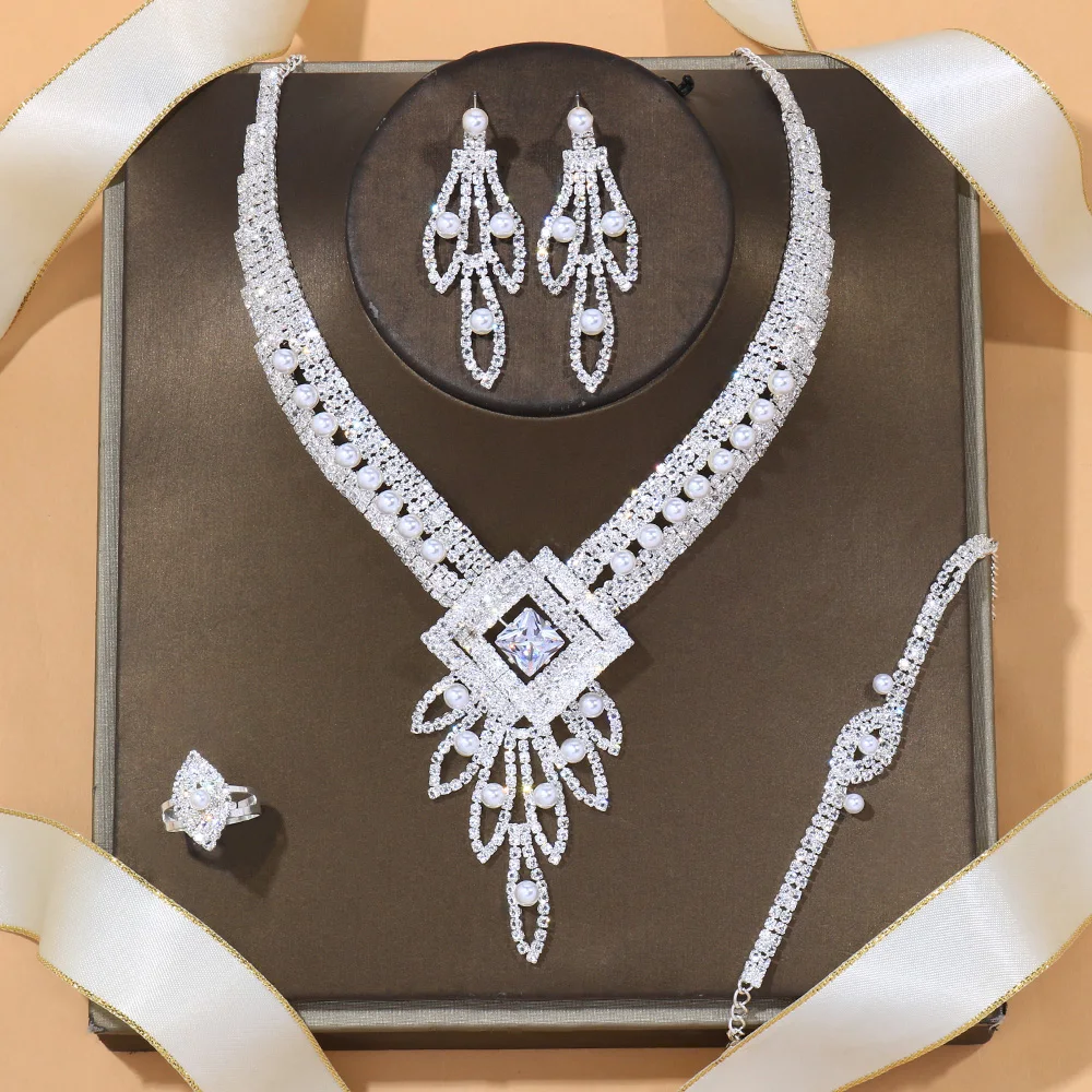 Stonefans Luxury Choker Rhinestone Bridal Jewelry Sets for Women Hollow Tassel Bead Crystal Necklace Set Festival Jewelry Gift