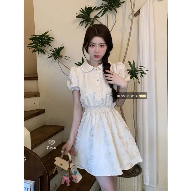 

French style niche retro bubble sleeve dress for women in summer sweet and spicy, slim waist, A-line skirt, small short skirt