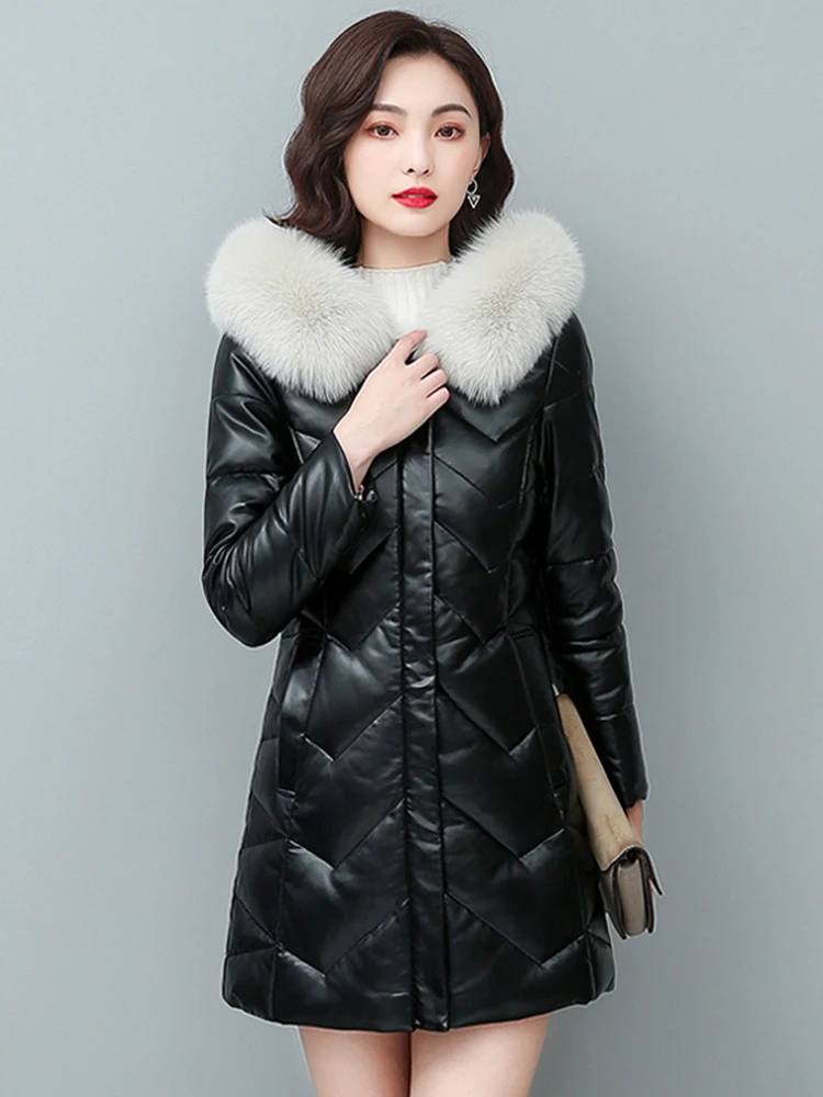 New Women Leather Down Coat Elegant Fashion Hooded Real Fox Fur Collar Medium Long Slim Sheepskin White Duck Down Outerwear