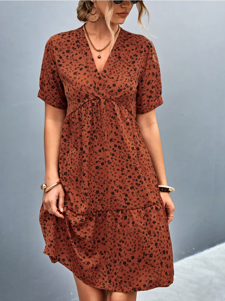 

Женское короткое платье с принтом, Элегантное повседневное офисное платье-пуловер с коротким рукавом и V-образным вырезом, уличная одежда, Новинка лета 2023