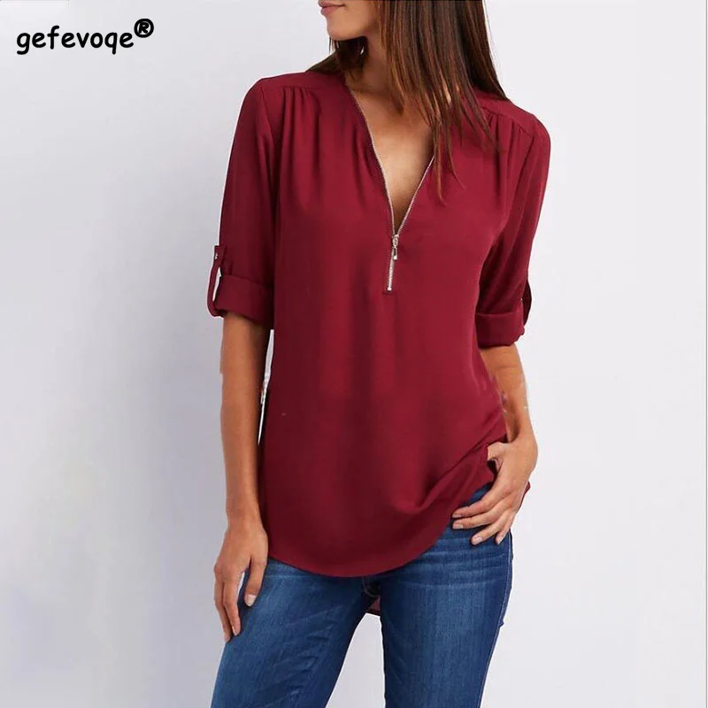 

Women V Neck Zipper Solid Short Sleeve T Shirts Fashion Casual Summer Clothing 2022 Simple Comfortable Hot Selling 5XL Tops