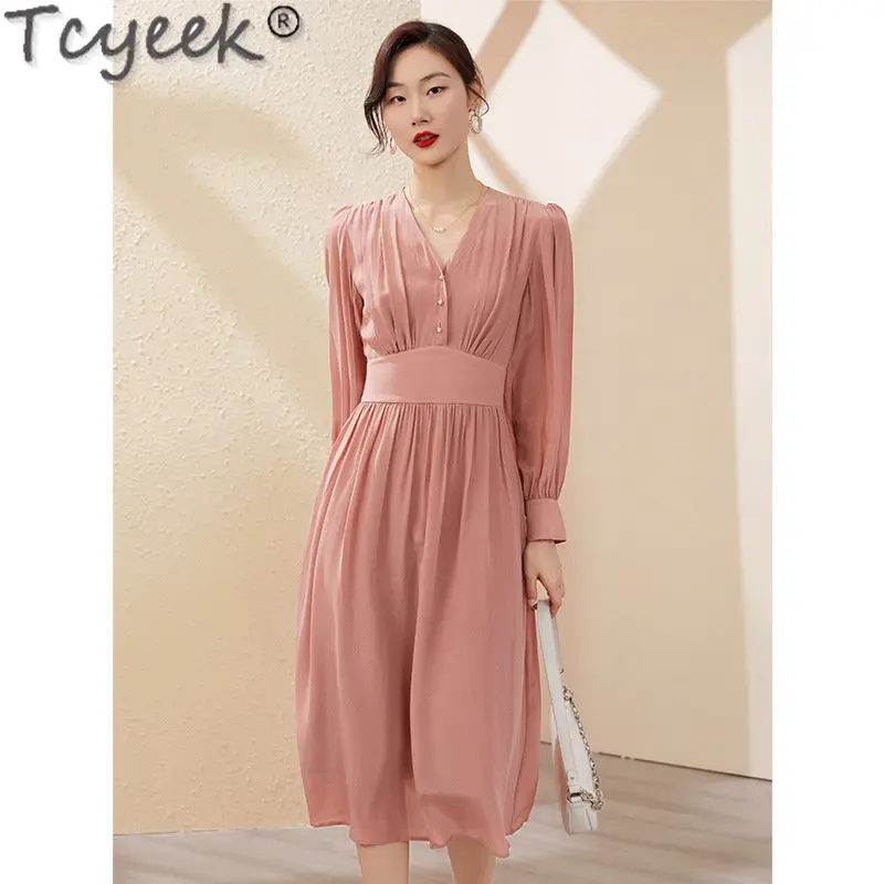 Tcyeek Elegant Dresses for Women 2023 Summer Pink Dress Women Milberry Silk Dresses Long Sleeve Dresses Vestidos De Mujer Zm2852