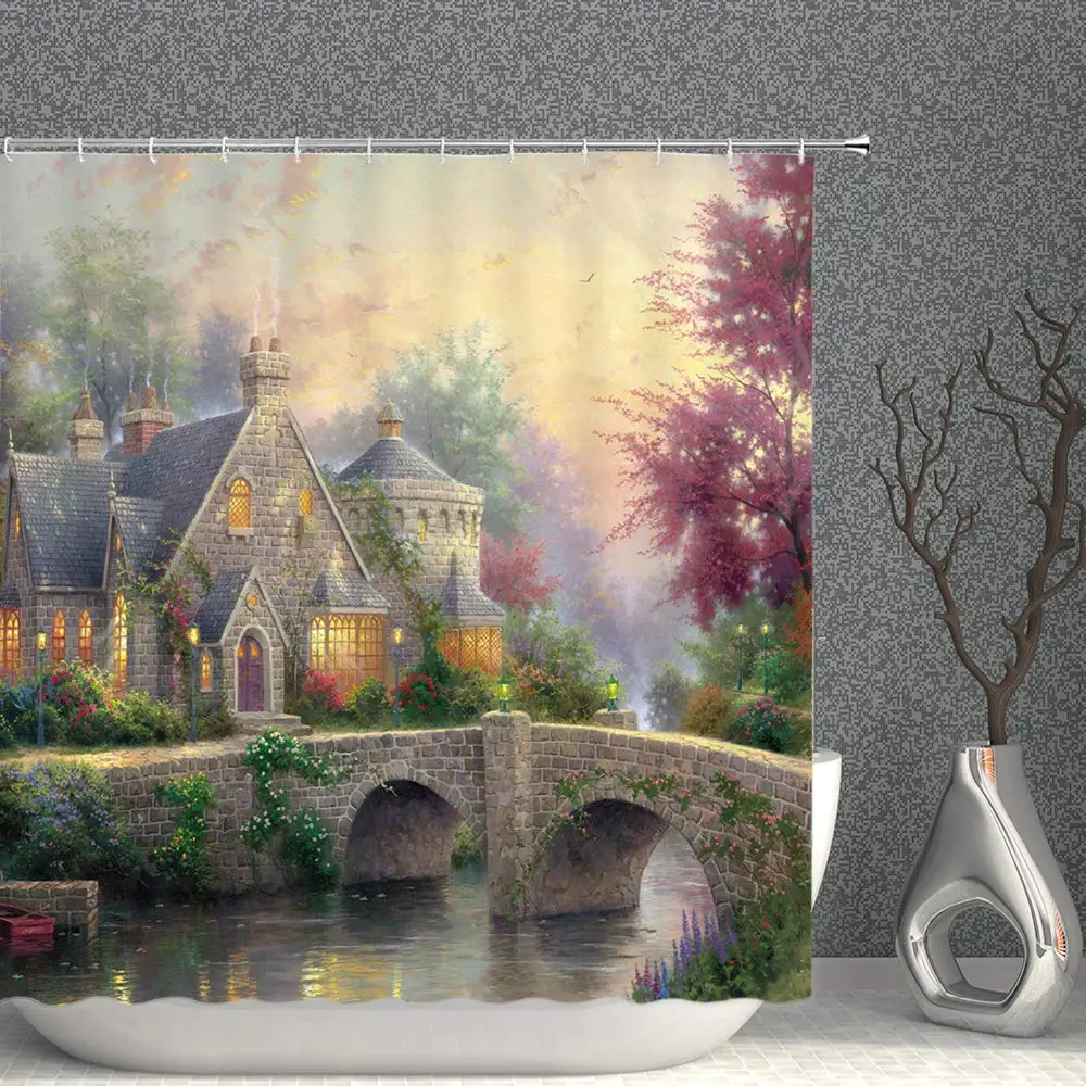 

Fairy Garden Shower Curtain Fantasy Gate Spring Flowers Swing Blue Mushrooms Fog Nature Scenery Decor Bathroom Curtains Set,hook