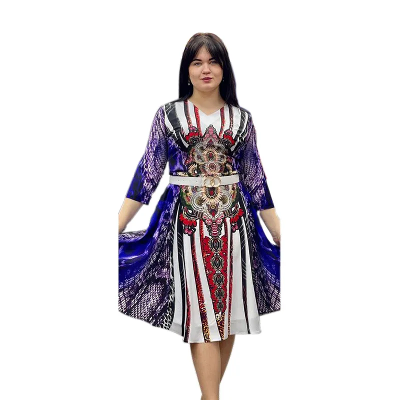 

Polyester Printing African Dresses for Women Summer African Women V-neck Half Sleeve Knee-length Dress African Clothes Women
