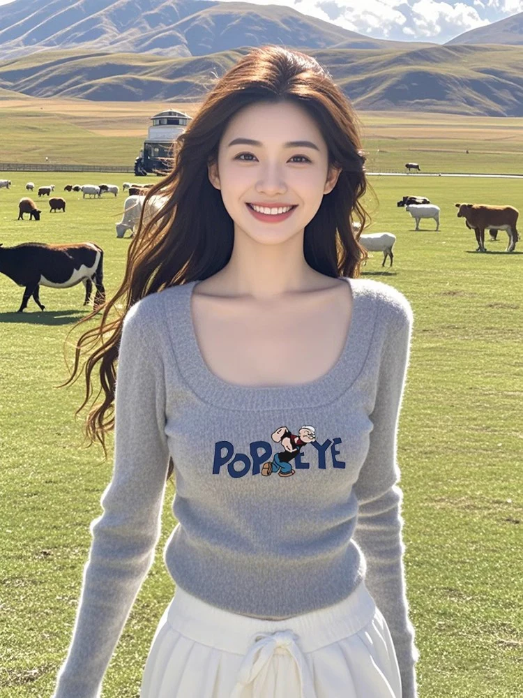 Korean Series Gray Square Collar Print Knitted Bottoming Shirt Women Autumn and Winter Slim fit Crop Sweater Inner wear Big N...