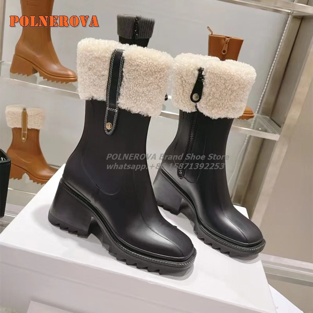 Теплые зимние сапоги с мехом боковой молнией квадратный носок на блочном каблуке