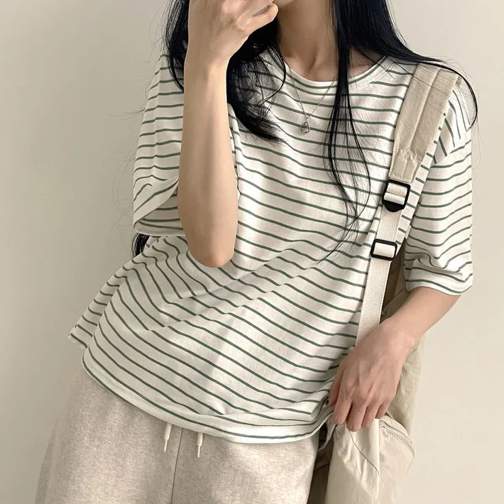 

Summer Oversized 100% Cotton T Shirt Women 2023 New Loose Striped Split Tees Casual Tshirt Basic Female Tops
