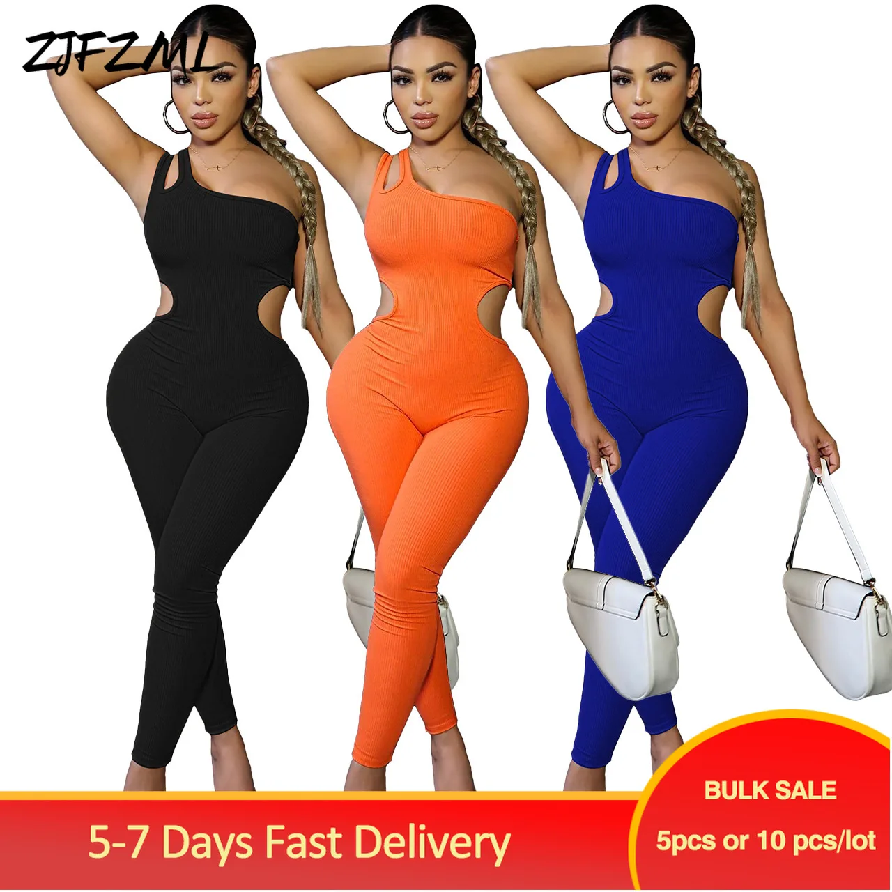 

Bulk Items Wholesale Lots Ribbed Asymmetrical Collar Sport Wear Casual Jumpsuit Women Inclined Shoulder Backless Fitness Overall